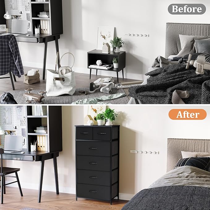 Fabric Dresser for Bedroom, Tall Skinny Dresser with 6 Drawers, Storage Organizer Tower, Steel Frame Wooden Top for Closet, Living Room, Hallway, Nursery(Black)