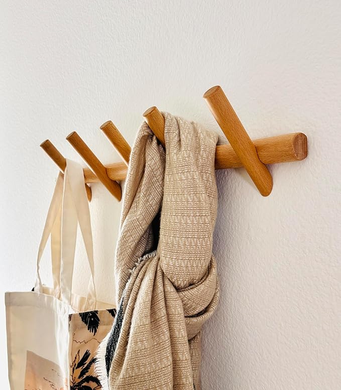 Modern 5-Hook Wooden Coat Rack, Decorative Coat Rack wall Mount for Bags, Hats, Purse, Heavy Duty, Sturdy, Natural Oak, wall Mounted Hooks