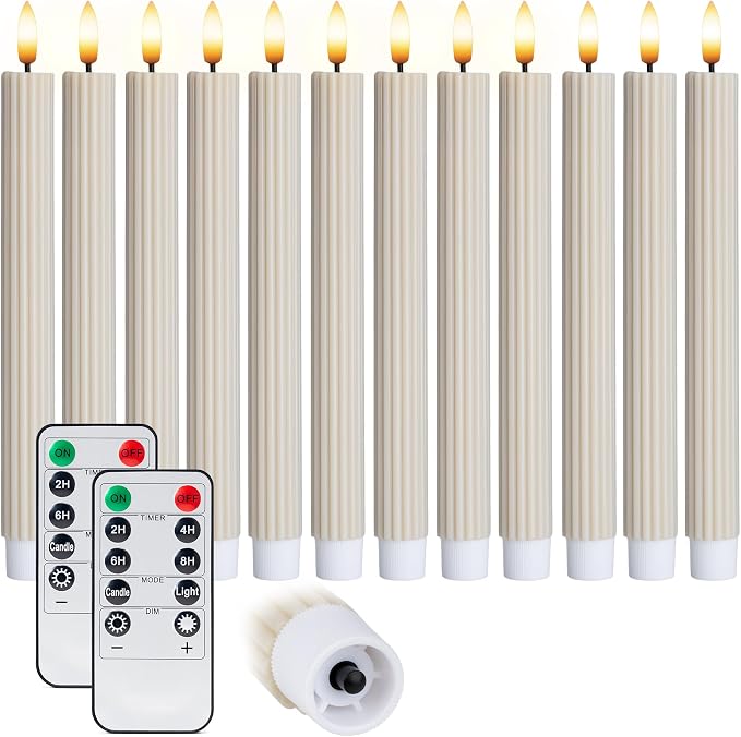 12 Pack, 10" LED Flameless Real Wax Cream Beige Fluted Ribbed Grooved Taper Candles, Remote & 24h Timer Memory, On/Off Button, Dimmable, Flicker Mode, Battery Operated, Wedding