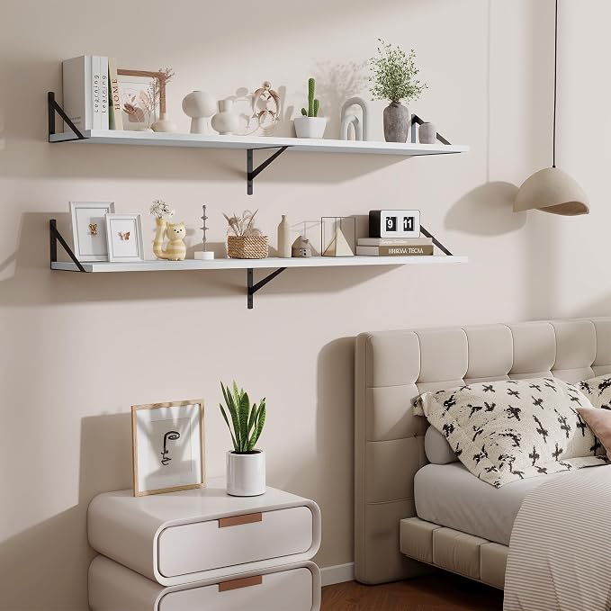Acovy Deep Floating Shelves,55" Wx10 D Wood Wall Shelves Set of 2,Long Wood Floating Shelf with Metal Brackets,Floating Bookshelf for Living Room,Kitchen,Office,Bedroom,Decor Storage,White