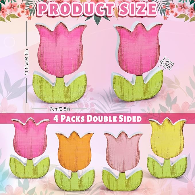 Whaline 4Pcs Spring Tulips Wood Signs Table Decor - Retro Spring Flowers Table Centerpiece Rustic Farmhouse Floral Tiered Tray Decor Tulip Block Wooden Signs for Home Tabletop Decor