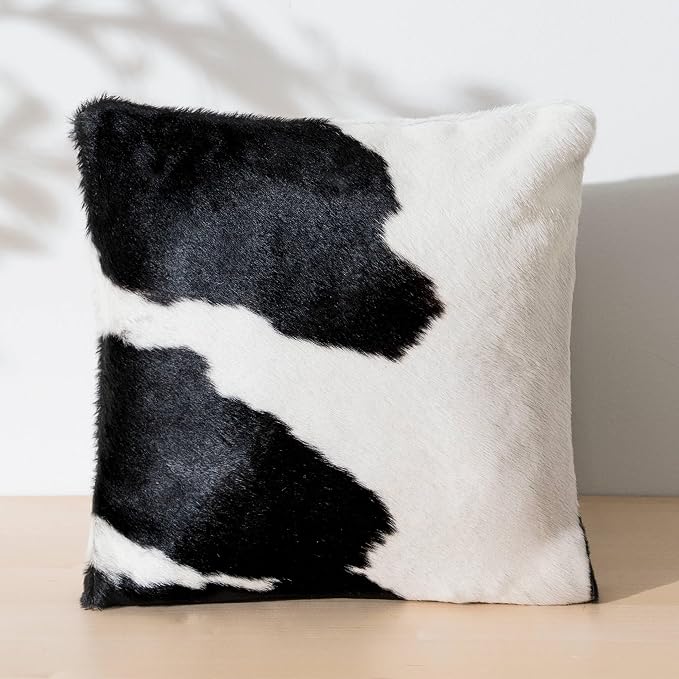ecowhides 100% Genuine Brazilian Cowhide Pillow Cover – Black and White – Double-Sided – Luxury Leather Decorative Cushion for Rustic & Western Home Décor – 15” x 15”