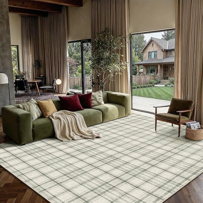8x10 Green Area Rug for Living Room Bedroom Machine Washable Low Pile Checkered Carpet Modern Accent Soft Non Slip Rug for Dining Room Nursery Office Indoor