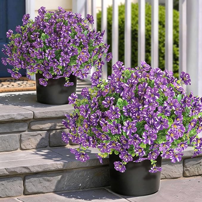 Artificial Morning Glory & Eucalyptus Topiary Trees - Set of 2 Faux Silk Flower Potted Plants, UV-Resistant Fake Outdoor Morning Glory Bushes for Front Door, Yard, Farmhouse, Garden Decor (Purple)
