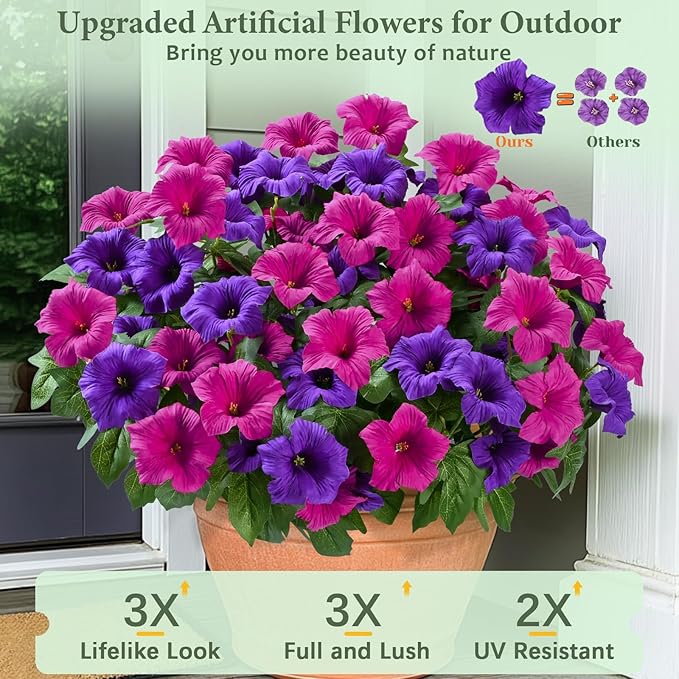 MARTINE MALL Artificial Flowers for Outdoors, 8 Bundles Realistic Fake Outdoor Flowers, UV Resistant Silk Petunia Flower for Outside Look Real Faux Flower Plant for Outdoor Porch Decor, Purple+Fuchsia