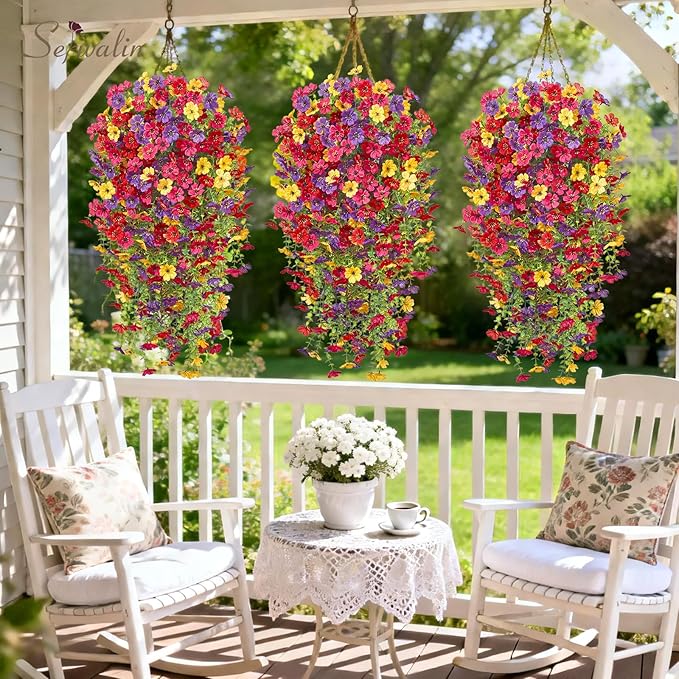 Serwalin 12PCS Artificial Hanging Flowers for Outdoors, UV Resistant Fake Hanging Plants, Realistic Weatherproof Outdoor Decor for Patio, Porch, Garden & Window (Spring Color,12PCS)
