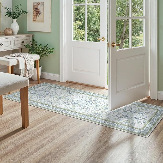 DCX Green and Blue Floral 2x6 Runner Rug, Machine Washable with Flowers Non Slip Vintage Floral Backing Hallway Runner Rug Carpet for Nursery Soft Low Pile Stain Resistant, Kitchen, Bathroom
