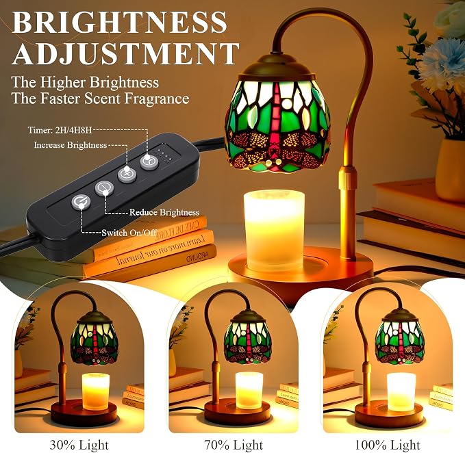 Tiffany Style Candle Warmer Lamp with Timer, Dimmable Dragonfly Stained Glass Candle Lamp Warmer, Vintage Candle Light for Scented Candles with 2 Bulbs for Home Deco Birthday Gifts for Mom Women