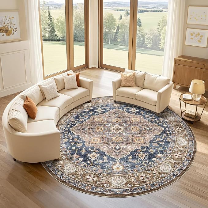 Round Rug Living Room Rugs: 10x10 Washable Boho Neutral Large Circle Soft Indoor Floral Stain Resistant Floor Farmhouse Carpet for Bedroom Nursery Kids Playroom Office Dining Room Dorm- Yellow Blue