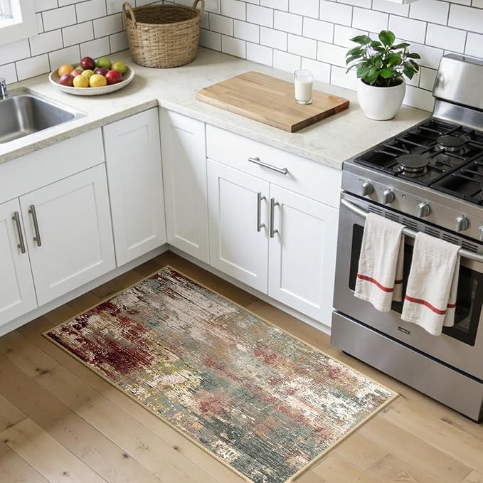 RELEANY Washable Area Rugs 2'x4' Non-Slip Modern Abstract Soft for Living Room Entryway Bedroom Nursery, Print Pattern, Brown Rust Red Green Blue Multi