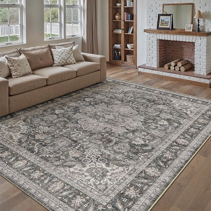 8x10 Washable Area Rug Black Grey Vintage Non Slip Soft Medium Pile Rug for Living Room Bedroom Dining Room Office Distressed Oriental Indoor Large Throw Carpet for Home Decor