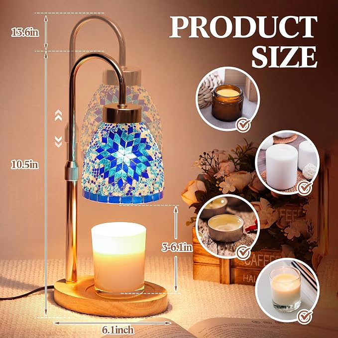 Baquler Turkish Candle Warmer Lamp with Timer Electric Dimmable Candle Warmer Turkish Table Lamp Adjustable Height Moroccan Decor Lighting for Women Birthday Gifts Bedroom Home Office Decor (Blue)