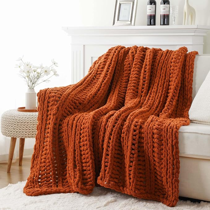 Battilo Chunky Knit Throw Blanket for Couch, Fall Decor, 50"x60", Rust | Hand Knit with Chunky Yarn, Decorative Fall Throw Blanket, Cozy Warm Soft Chenille Throw Blanket for Bed, Sofa, Living Room