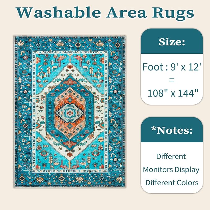 SERISSA 9x12 Area Rugs for Living Room, Large Washable Non-Slip Boho Rug, Ultra Soft Vintage Blue Oriental Print Distressed Farmhouse Carpet for Dining Room Bedroom Dorm Office Home Decor