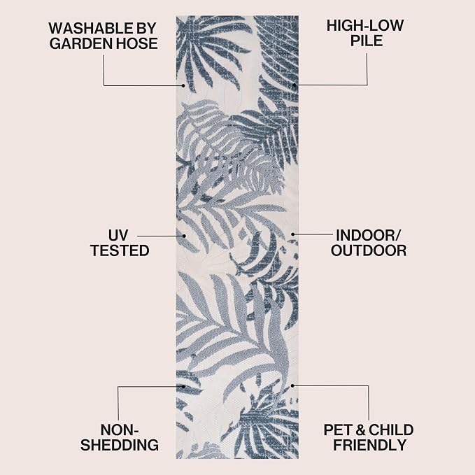 JONATHAN Y Tropics Palm Leaves Indoor Outdoor Runner 2X8 Cream/Dark Blue | Ships Rolled, Durable Flat Weave, Lays Flat for Backyard, Patio, Porch, Easy-Cleaning, High Traffic,Pet-Friendly,Non-Shedding
