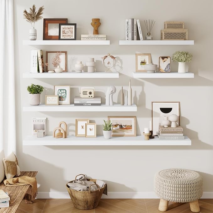 Fun Memories Floating Shelves Set of 3, 40 Inch Long Wooden Wall Shelves, 10 Inch Deep Wall Mounted Storage Shelf with Metal Brackets for Living Room, Bathroom, Bedroom and Kitchen, White