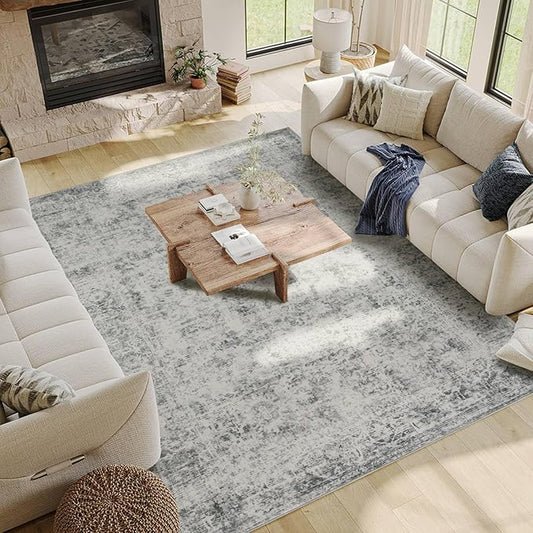 Rugxara 6x9 Area Rugs for Living Room Bedroom, Large Washable Rug, Grey Vintage Abstract Boho Rug, Non Slip & Low Pile Faux Wool Carpet for Indoor Dining Room, Farmhouse and Kids Room(Grey 6x9ft)