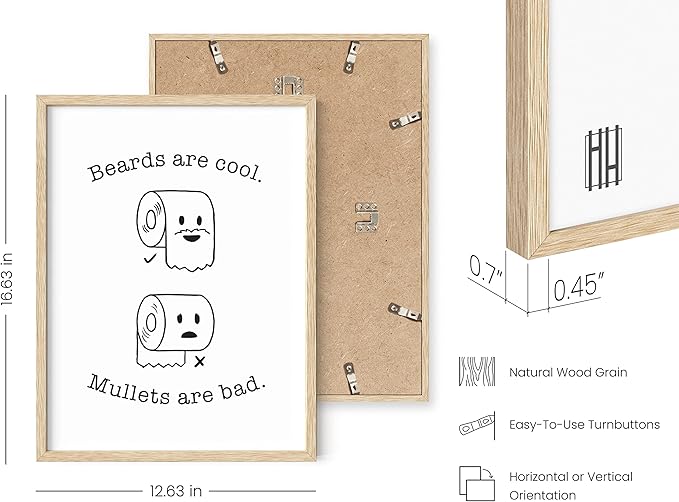 HAUS AND HUES Funny Bathroom Decor – Beard and Mullet Wall Art, Humorous Bathroom Sign, Fun Wall Print for Restroom or Home (12x16, Beige Frame)