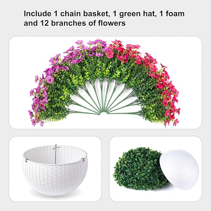 HyeFlora Artificial Fake Hanging Flowers Plants Basket for Outdoor Outside Decoration, Faux Silk UV Resistant Realistic Colorful Daisy in Planter for Porch Patio Garden Yard Home