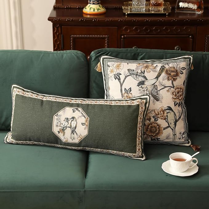 ISAENNE Vintage Elegant Linen Rectangle Throw Pillow Cover,28"x12"-Murad E | Designer French Green Pillow Cover,Concealed Zipper Design,Floral and Bird Pattern,Sofa,Bedroom,Living Room,Lounge Chairs