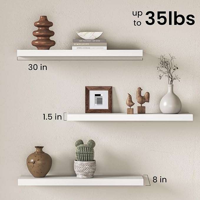 Fun Memories 30 Inch Floating Shelves for Wall, 8 Inch Deep Rustic Wood Wall Mounted Shelves with Invisible Brackets for Bathroom, Bedroom, Kitchen & Living Room Storage Decor, White, 2 Pack
