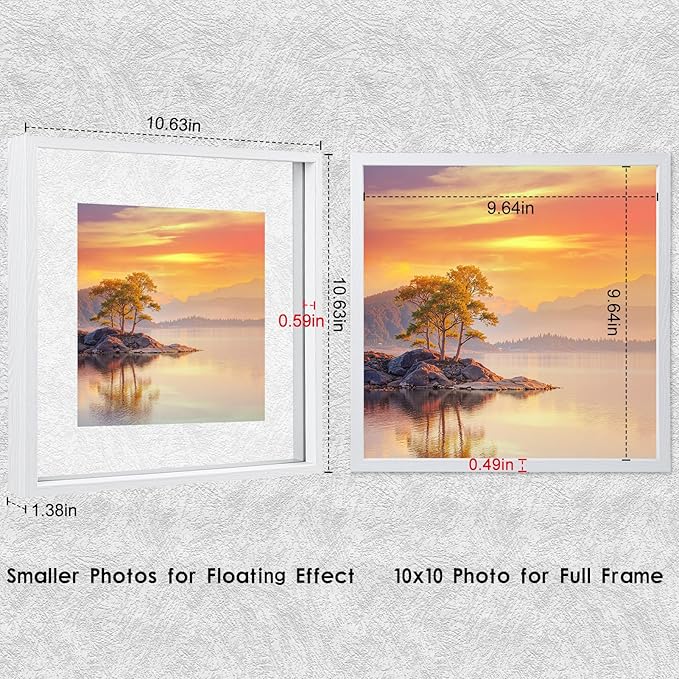 MUYE 10x10 Floating Frame Set of 2,Double Real Glass Square Photo Frame,Display Any Size Photo up to 10x10,Wall Mount or Tabletop Standing,White