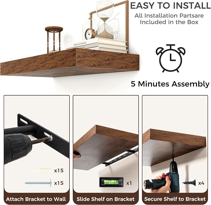 Venusmiles Floating Shelves for Wall, 72 Inch Floating Shelves Set of 2, 6.5" D Wooden Wall Mounted Display Shelves with Invisible Brackets for Living Room, Bedroom, Bathroom, Kitchen Decor, Brown
