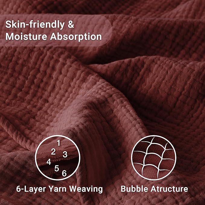 100% Cotton Muslin Blanket California King 120" x 90", 6 Layers Breathable and Lightweight Oversized Blankets for Bed, Soft Cooling Gauze Blanket for Adults All Season, Burgundy