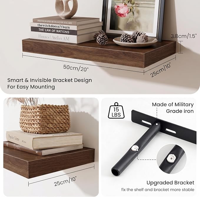 Fun Memories Wood Floating Shelves 20 Inch, 10 Inch Deep Shelves Wall Mount, Wall Shelves with Invisible Bracket, 20" Floating Shelves for Living Room Bathroom Bedroom, Walnut, Set of 2