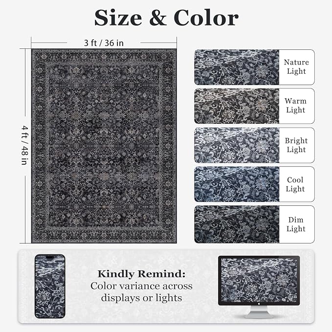Dark Small Area Rugs 3x4, Earth Tone Throw Rugs for Kitchen Bathroom Bedroom, Washable Non Slip Ultra Thin Front Back Indoor Door Mats for Entrance Entryway Foyer, Vintage Farmhouse Midnight