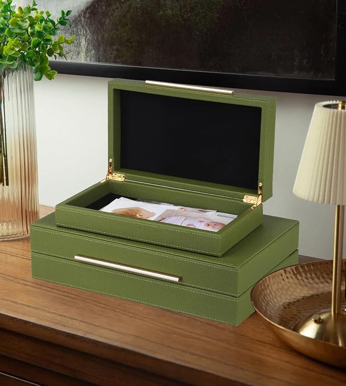 HofferRuffer Faux Leather Decorative Boxes Set of 2, Large Nesting Keepsake Box Accessory Organizer Jewelry Organizer with Hinged Lid, Stacking Storage Box Container for Home or Office (Green)