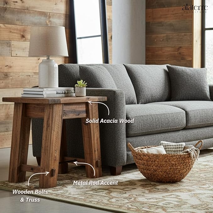 Alaterre Furniture Durango Solid Wood Side Table with Metal Accent, 27-Inch | Rustic Industrial Nightstand and End Tables, Storage Shelf, Metal Accent, Natural Grain, for Living Room, Bedroom, or Office