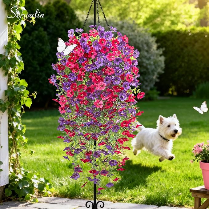 Serwalin 12PCS Artificial Hanging Flowers for Outdoors, UV Resistant Fake Hanging Plants, Realistic Weatherproof Outdoor Decor for Patio, Porch, Garden & Window (Purple& Hot Pink,12PCS)