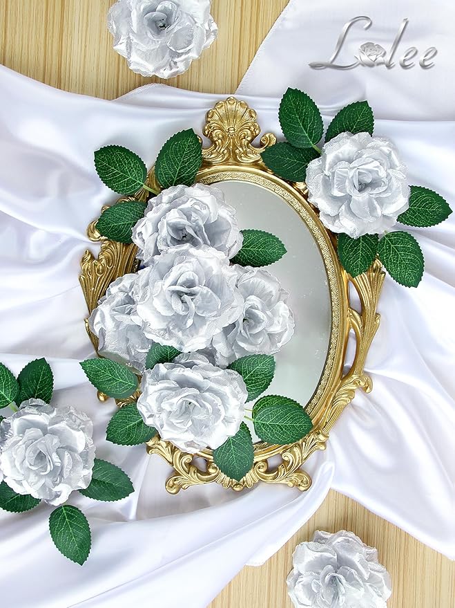 LELEE Artificial Rose Flowers Head with Stem - 108pcs Silver Artificial Flowers Rose Bulk - Silk Rose Fake Flower for Wedding Bouquet Party Home Decor DIY Baby Shower Centerpieces Tables Decoration
