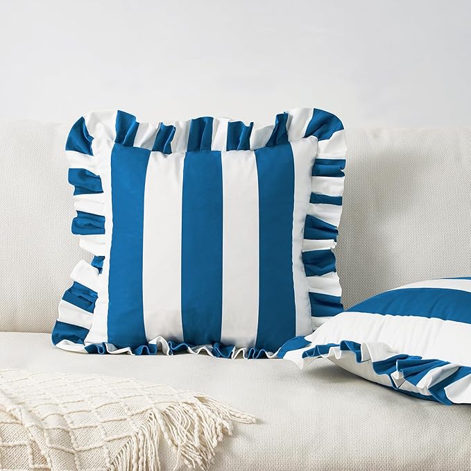 MONDAY MOOSE Decorative Throw Pillow Covers, Set of 2 Water-Resistant Striped Design with Ruffle Edge for Outdoor/Indoor Use, Pillow Inserts Not Included (20x20 inch, White/Blue)