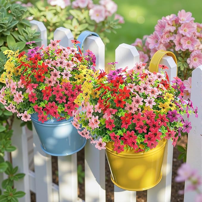 SHareconn 48 Bundles Artificial Flowers for Outdoors Spring Decoration, Fake Silk Realistic Faux Plants UV Resistant for Outside Planter Porch Patio Indoor Decor, RedRosePurpleYellowPink