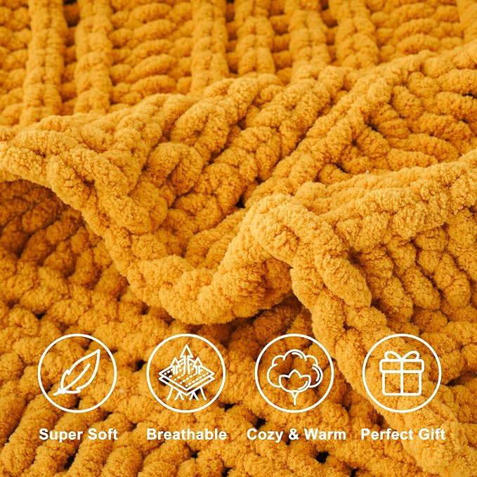 Battilo Chunky Knit Throw Blanket for Couch, Bed, 50"x60"，Mustard Yellow | Hand Knit, BohoThrow Blanket, Fall Decorative Throw, Cozy Warm Thick Soft Chenille Throw Blanket for Living Room