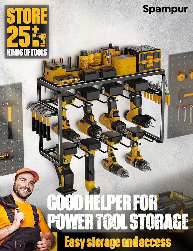 Spampur Power Tool Organizer, 8 Drill Holders Wall Mount, 3 Layer Heavy Duty Metal Storage for Garage Organization, Tools Storage with Hooks, Screwdriver Hammer Holder, Father's Day Mens Birthday Gift