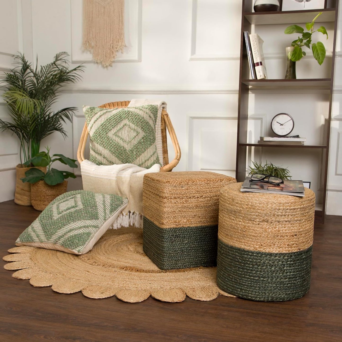 REDEARTH · Cylindrical Pouf Foot Stool Ottoman - Jute Braided Pouffe Poof Accent Sitting Footrest for The Living Room, Bedroom, Nursery, Patio, Lounge & Other Rooms (14.5”x14.5”x16”; Natural Olive)