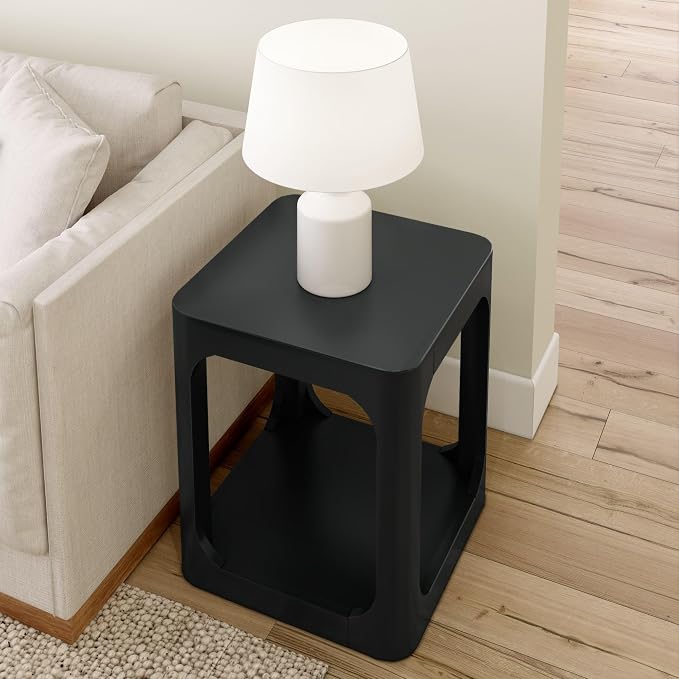 Plank+Beam Modern Rounded Square Side Table with Shelf, Solid Wood End Table for Living Room, 20in, Black