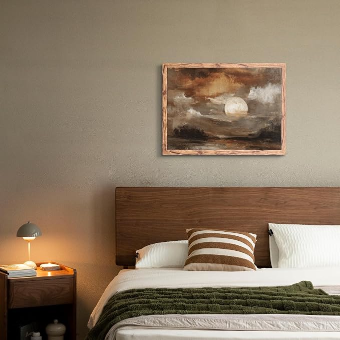 KBBYT Large Framed Wall Art Moody Abstract Moonlit Landscape Poster Canvas Print Vintage Classic Rustic Painting Pictures Wall Decor for Living Room Bedroom Home Decoration 24x36inch Wood Framed