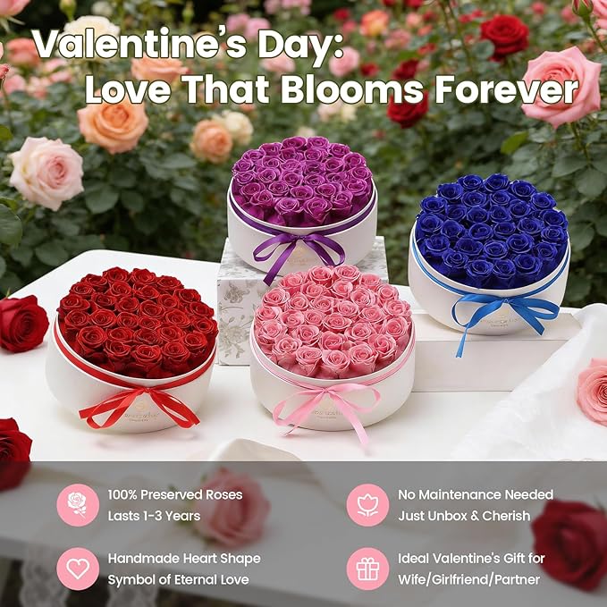 Valentines Day Flowers Roses Gifts for Her,28pcs Pink Forever Preserved Roses in Round Gift Box,Valentines Day Delivery Prime Gifts-Roses Gifts for Women,Mom.