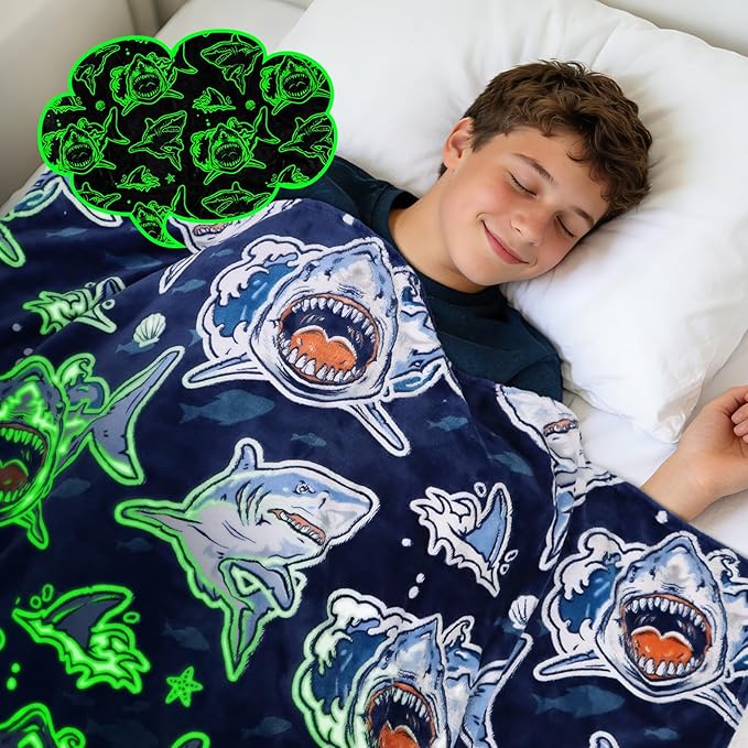 GEULAY Shark Blanket Glow in the Dark, Shark Toys for Kids Age 2-12, Toddler Blanket for Boys, Sharks Gifts for Birthday, Ocean Sea Animal Fleece Throws for Kids Room Decor, 40"x60"