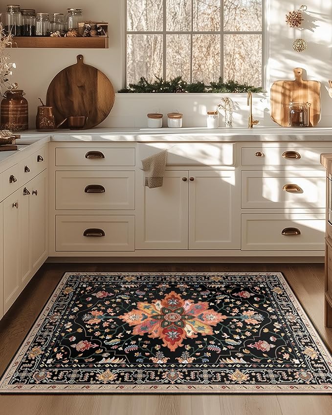 RELEANY Area Rugs 3'x4' Washable Non-Slip, Floral Vintage Distress Print Pattern Medallion Carpet for Living Room Bedroom Dining Room, Black Colorful Floral Dark Tan