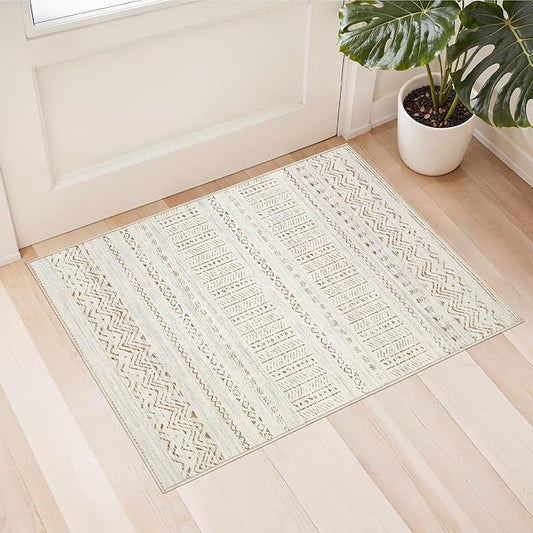cotiled Washable 2x3 Entryway Rug: Washable Boho Rugs with Non Slip Backing Small Soft Indoor Stain Resistant Carpet for Kitchen Front Lightweight Home Decor Brown/Cream