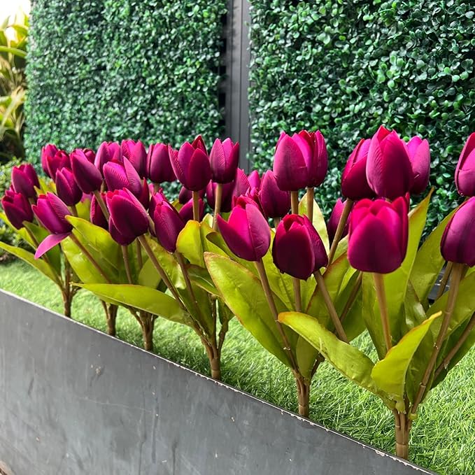 Artificial Fake Flowers Tulip for Outdoor Decoration,UV Resistant Faux Plastic Fabric Greenery Shrubs Plants Fake Flowers Hanging Planter Kitchen Home Garden Wedding Decor (Dark Purple)