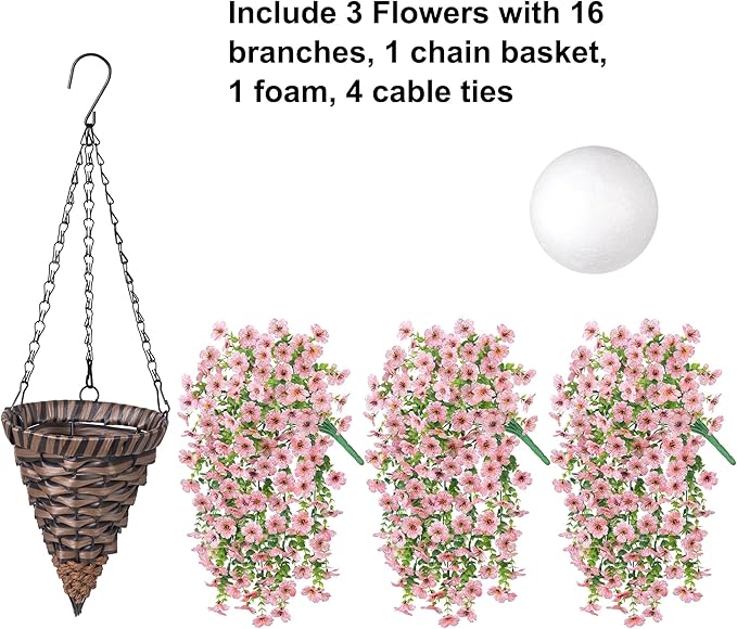 HyeFlora Artificial Hanging Flowers Basket for Outdoor, Fake Flowers Faux Plants Look Real for Yard Gardens Porch Patio Home (Pink)
