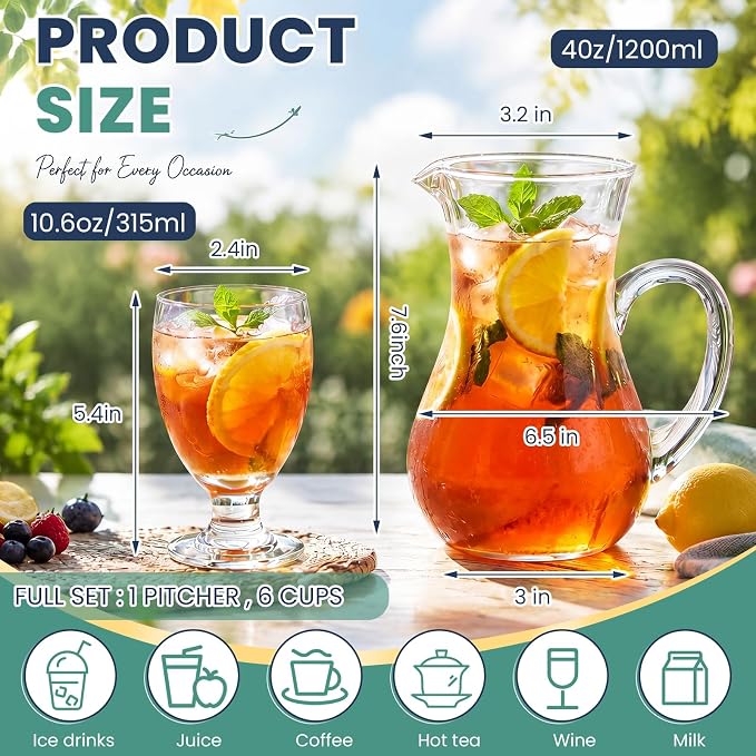 LemonRoad 7 Pcs Glasses Pitcher Drinkware Set 40 oz Pitcher Carafe and 6 Tall Drinking Beverage Set, Jug with Lid and Spout for Juice, Iced Tea or Water (Gourd Style)