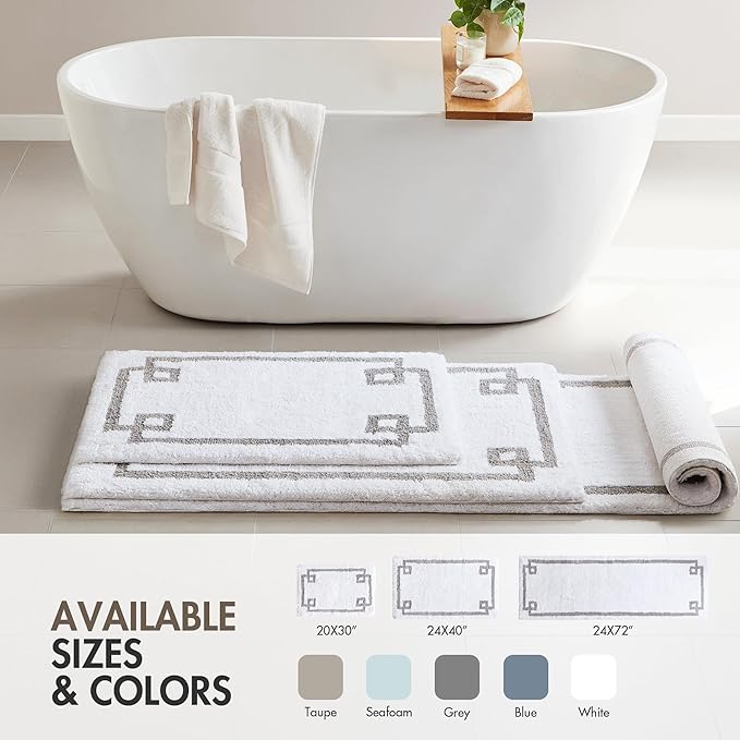 Madison Park Evan 100% Cotton Bathroom Non Slip Backing-Luxurious Tufted Plush Bath Mat Absorbent, Quick Dry, Spa Design Shower Room Décor, 24x72" White