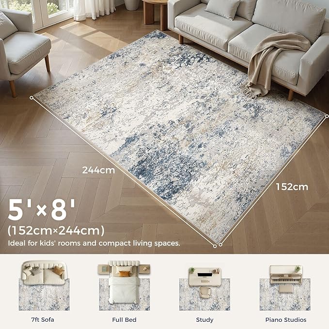 Area Rug Living Room Rugs - 5x8 Abstract Large Soft Indoor Washable Rug Neutral Modern Low Pile Carpet for Bedroom Dining Room Farmhouse Home Office - Beige Blue